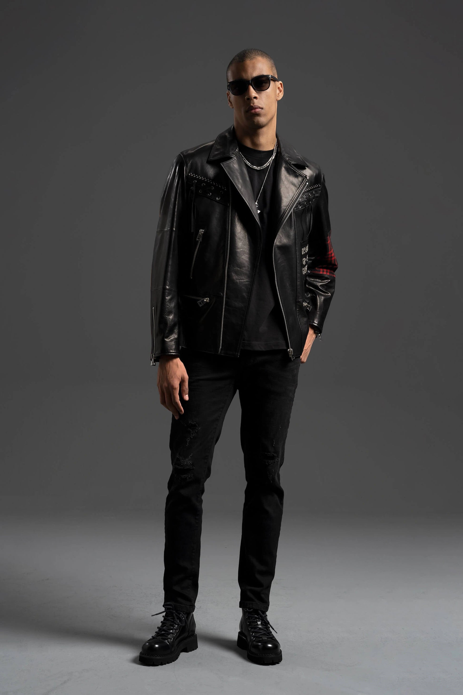 Black Goatskin Leather Wool Moto Jacket 