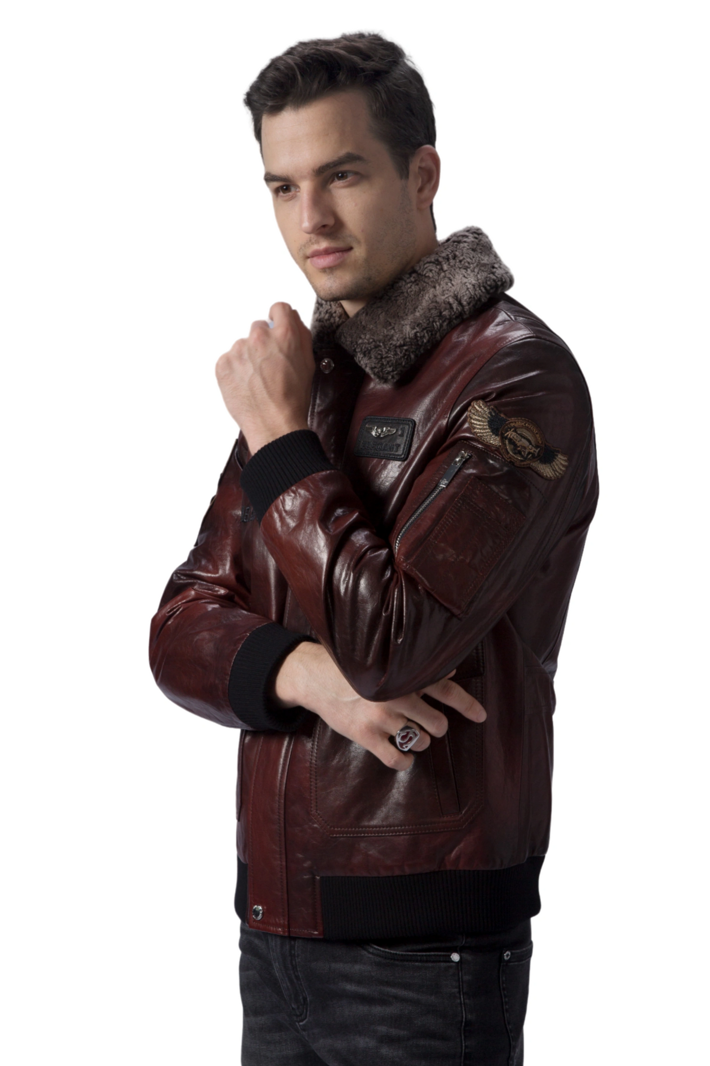 Reddish Brown G-1 Navy Aviator Leather Bomber Jacket with Removable Fur Collar