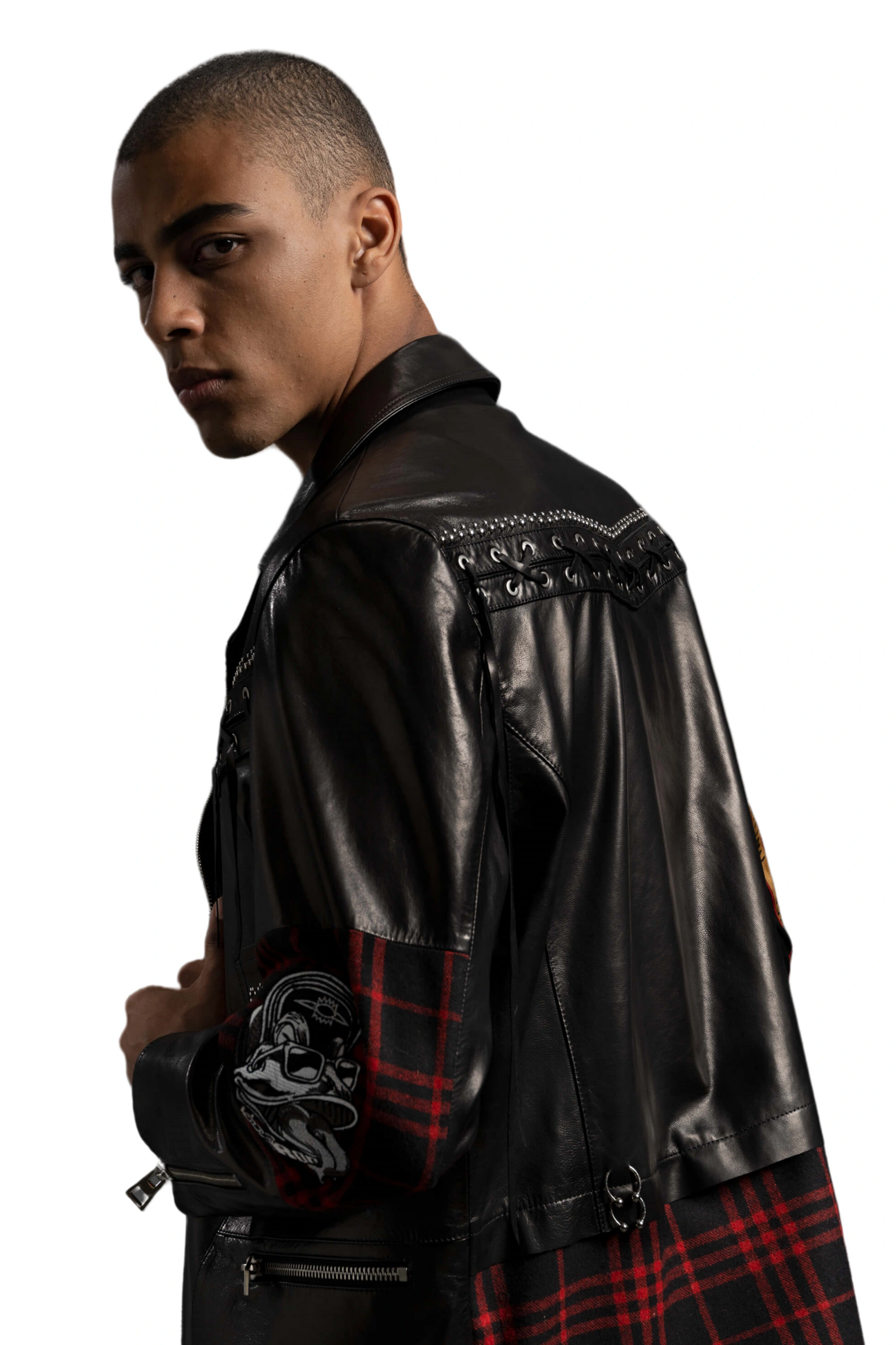 Black Goatskin Leather Wool Moto Jacket 