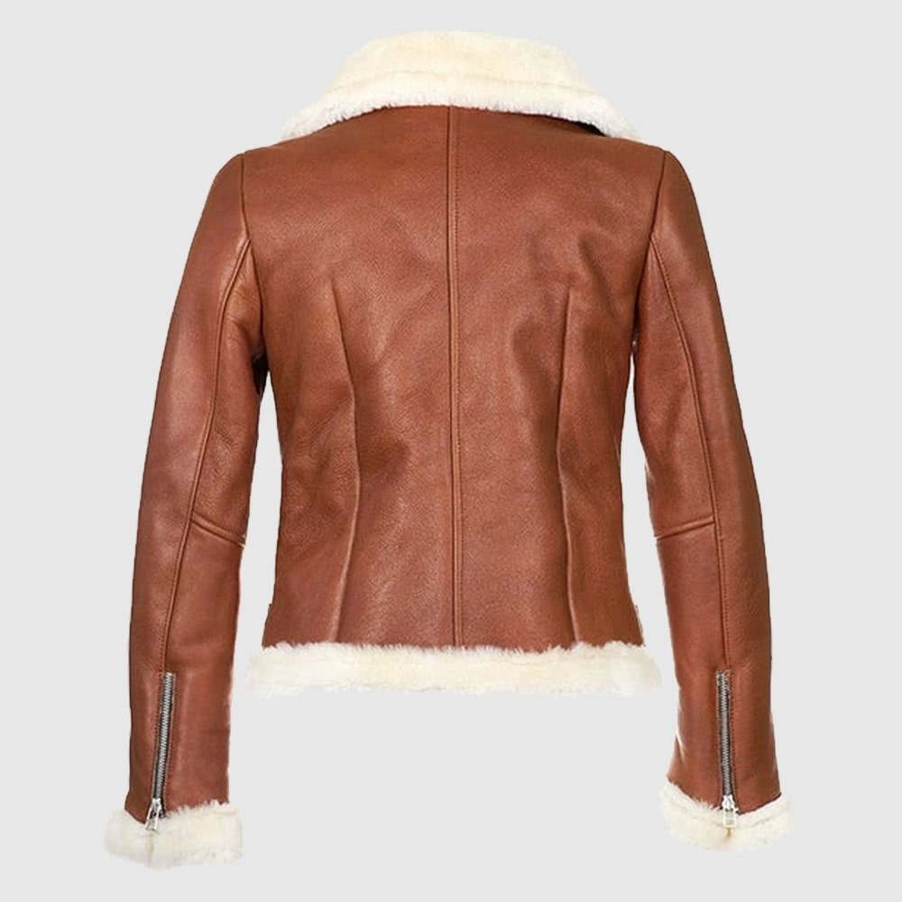 B3 Bomber Aviator Brown Leather Jacket, Shearling Sheepskin Motorcycle Women Leather Jacket With Faux Fur