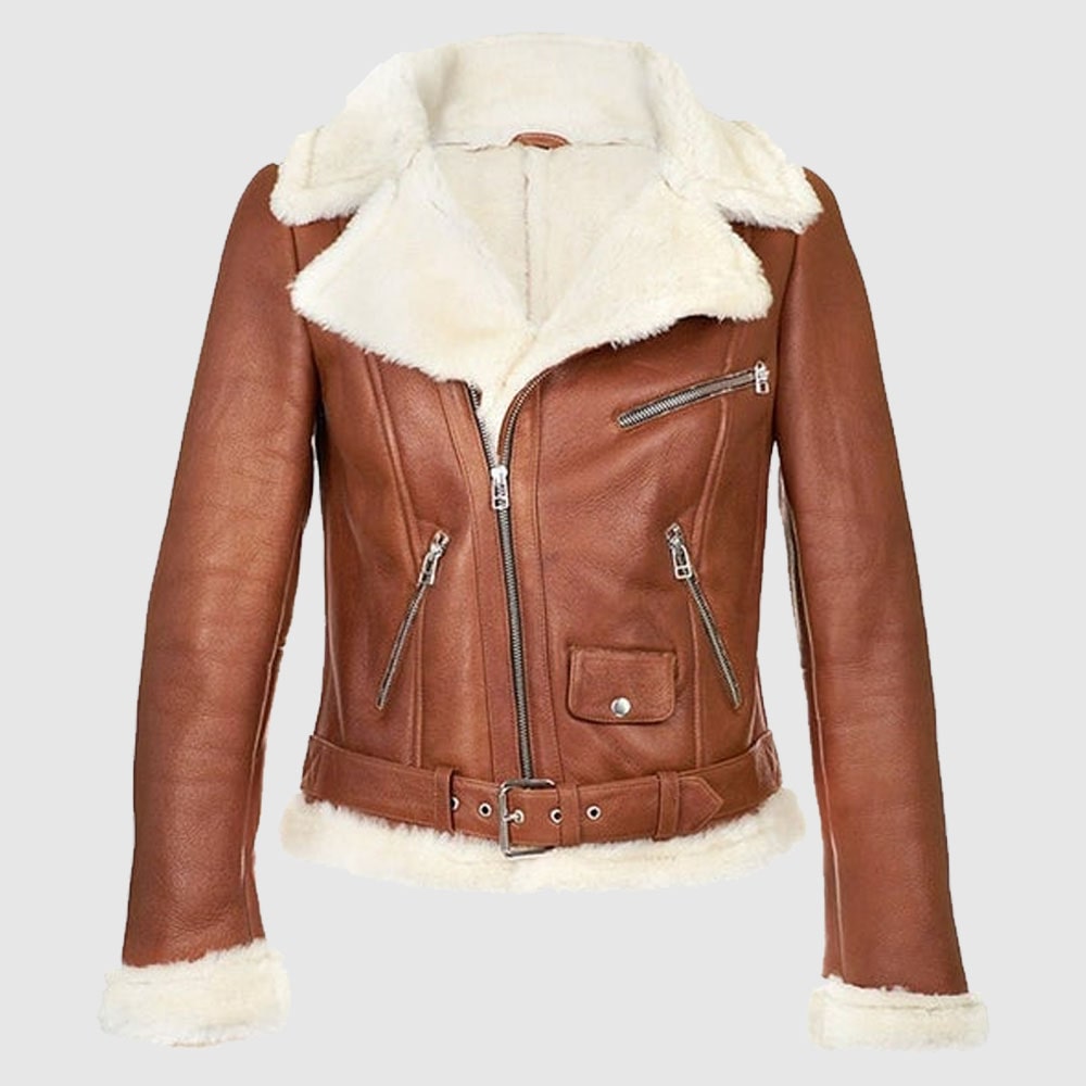 B3 Bomber Aviator Brown Leather Jacket, Shearling Sheepskin Motorcycle Women Leather Jacket With Faux Fur