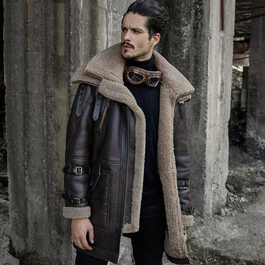 Buy Best price Limited edition Trendy Fashion B3 Flight Jacket Men’s Shearling Aviator Fur Long Coat