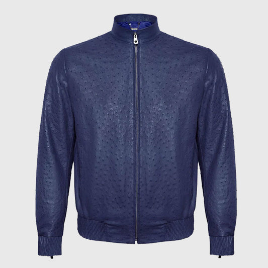 Best Fashion Genuine Premium Blue Ostrich Leather Zip Up Biker Jacket