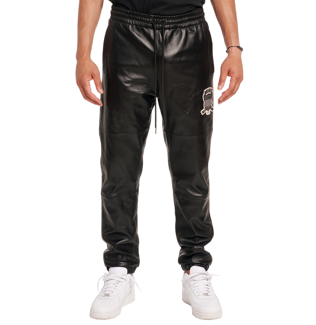 Best Style Hot Sale Soft Nappa Lamb Leather Drawstring Track Pant With Avirex Icon Applique