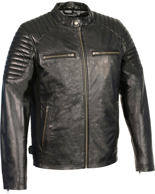 Buy Men's RidingJackets MotoFashion Quilted Shoulders Snap Collar Leather Jacket