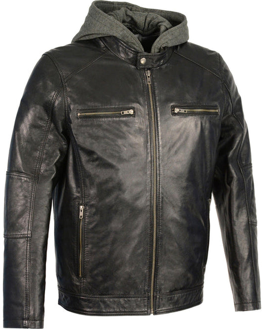 Buy Men's Fashion Snap Collar Leather Moto Jacket w/ Removable Hood