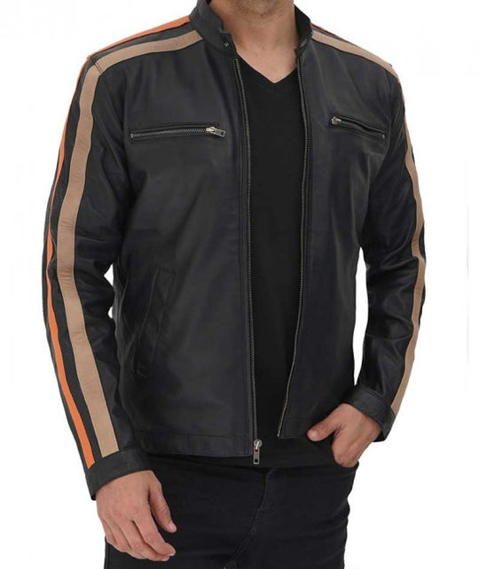 Purchase New Fashion Harland Stripe Black Leather Cafe Racer Style Jacket for Men