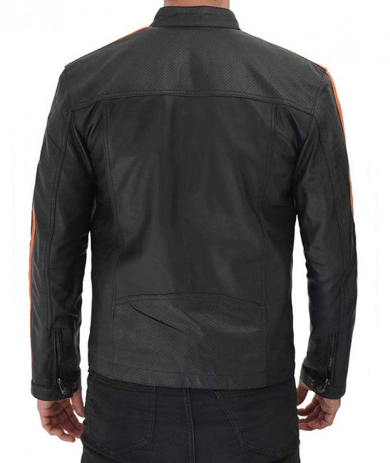 Purchase New Fashion Harland Stripe Black Leather Cafe Racer Style Jacket for Men