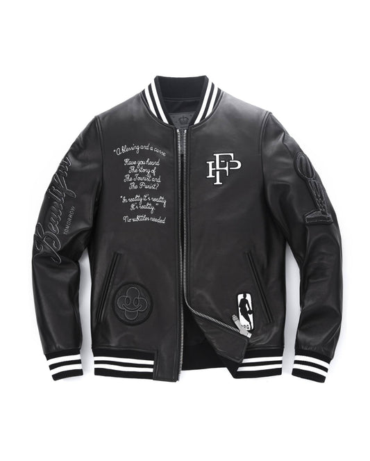 Black Patches Leather Varsity Letterman Bomber Jacket