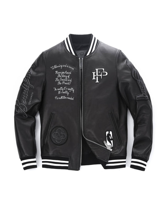 Black Quilted Lambskin Letterman Varsity Leather Bomber Jacket