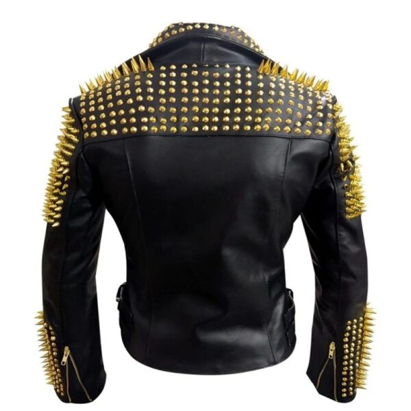 Black Heavy Metal Gold Studs Motorbike Leather Jacket Women