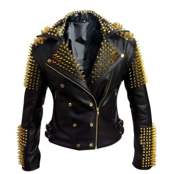 Black Heavy Metal Gold Studs Motorbike Leather Jacket Women