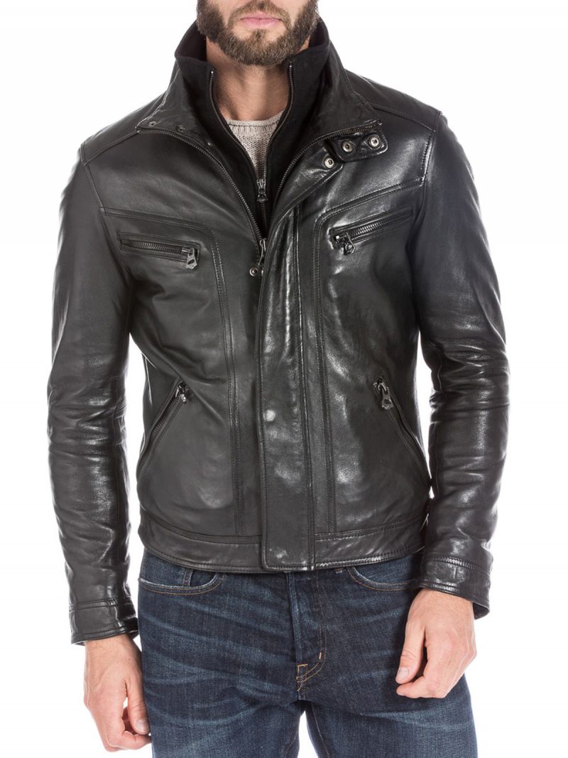 Black Lambskin Leather Sports Jacket For Men