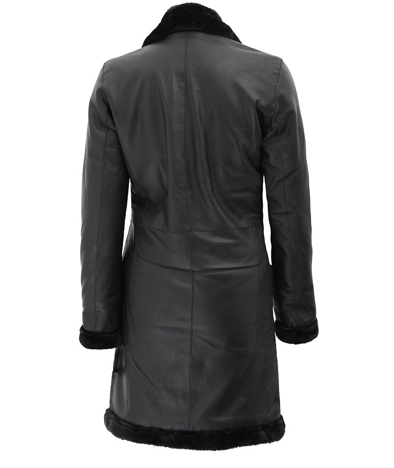 Black Leather Long Shearling Coat Womens