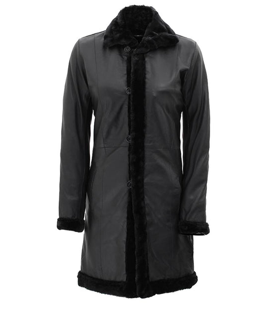 Black Leather Long Shearling Coat Womens