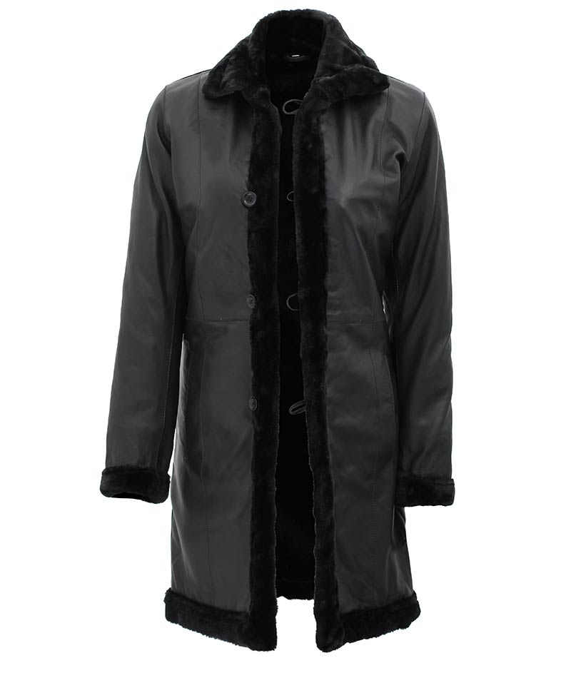 Black Leather Long Shearling Coat Womens