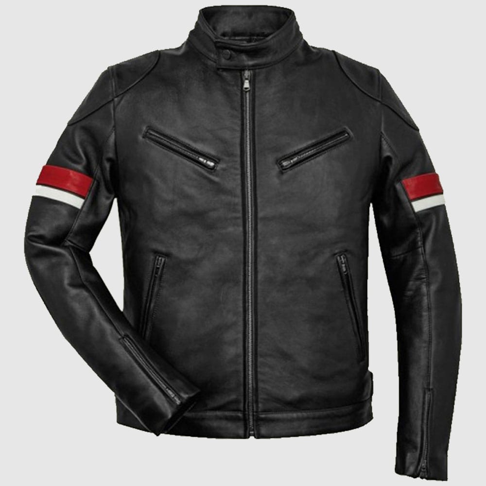 Black Leather Red and White Striped Cafe Racer Jacket