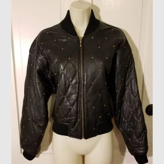 Black bomber women studded leather jacket