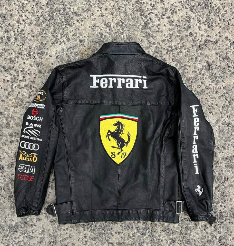 Black Ferrari Racing Leather Jacket – Vintage F1 Style