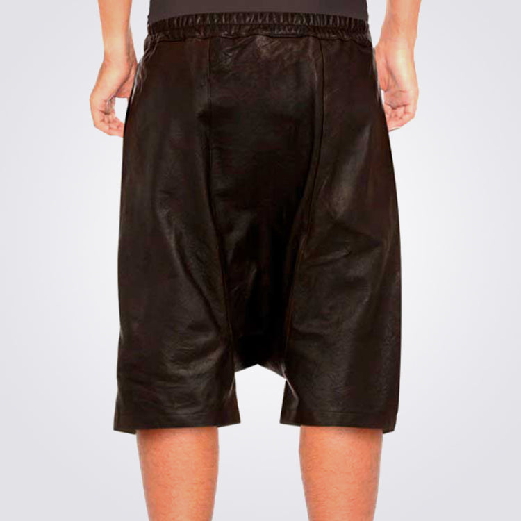 Black Leather Shorts for Men with Drawstring Adjustment