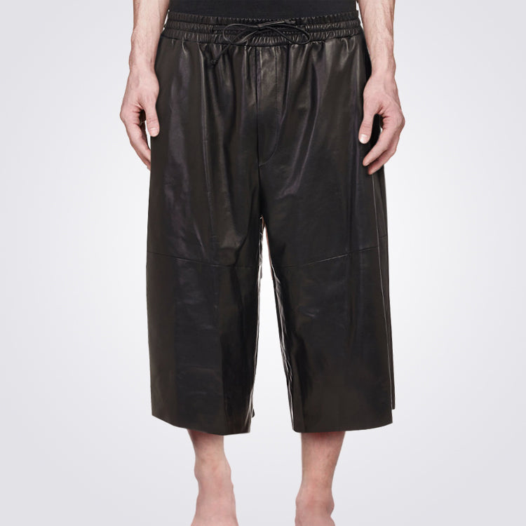 Black Leather Three-Quarter Shorts For Mens