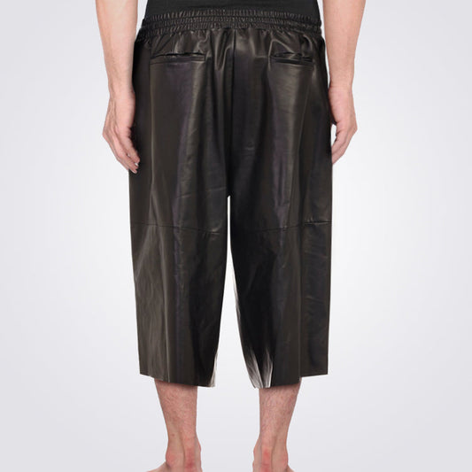 Black Leather Three-Quarter Shorts For Mens