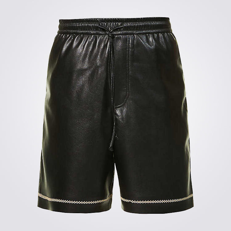 Men in Black Leather Shorts With Contrast Stitching 