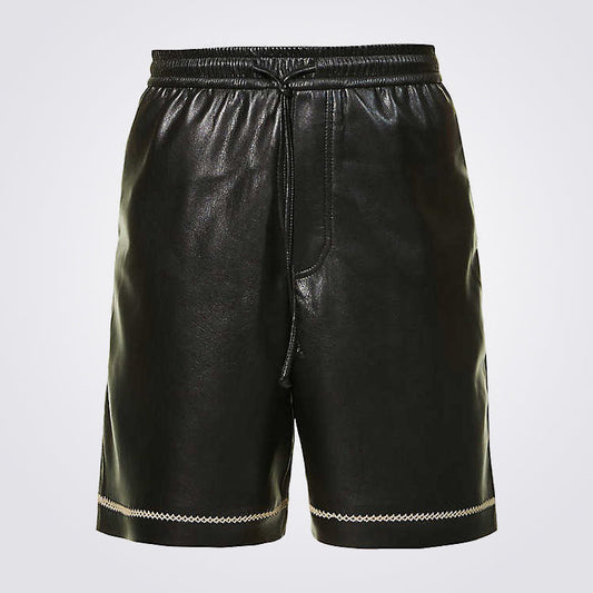 Men in Black Leather Shorts With Contrast Stitching 