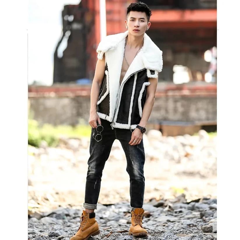 Black Shearling Leather Vest for Men