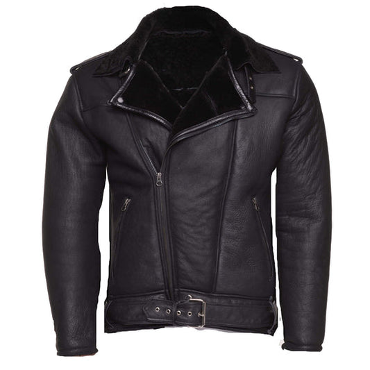  Black Shearling Biker Jacket with Belt