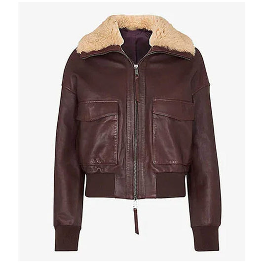 Burgundy Aviator Shearling Collar Jacket