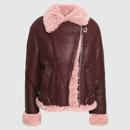 Burgundy Shearling Lined Leather Fur Jacket