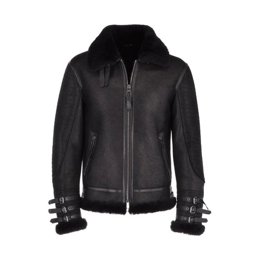 Buy Men Black Aviator Flying Bomber Shearling Leather Jacket For Sale