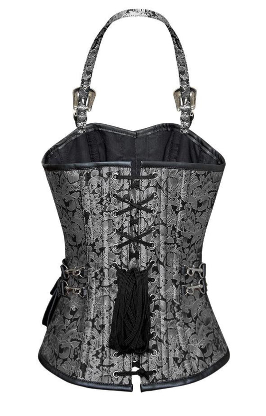 Silver and black brocade corset with faux leather pouch and straps.
