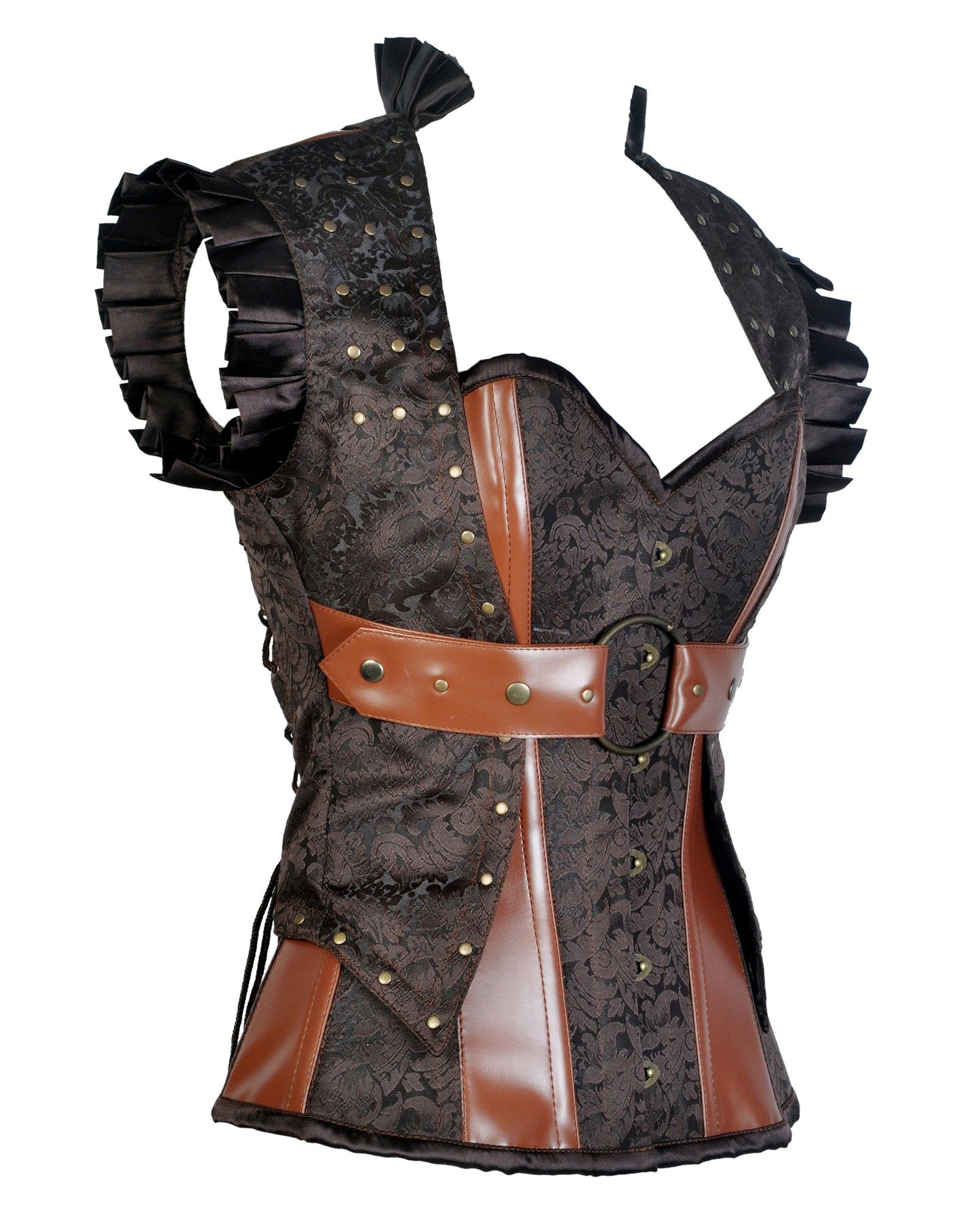 Harry Coffee Brown Brocade & Faux Leather Corset With Jacket