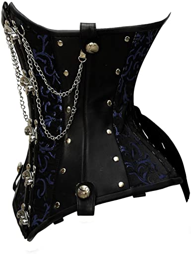 Rueber Blue Brocade & Faux Leather Underbust Corset With Chain Details