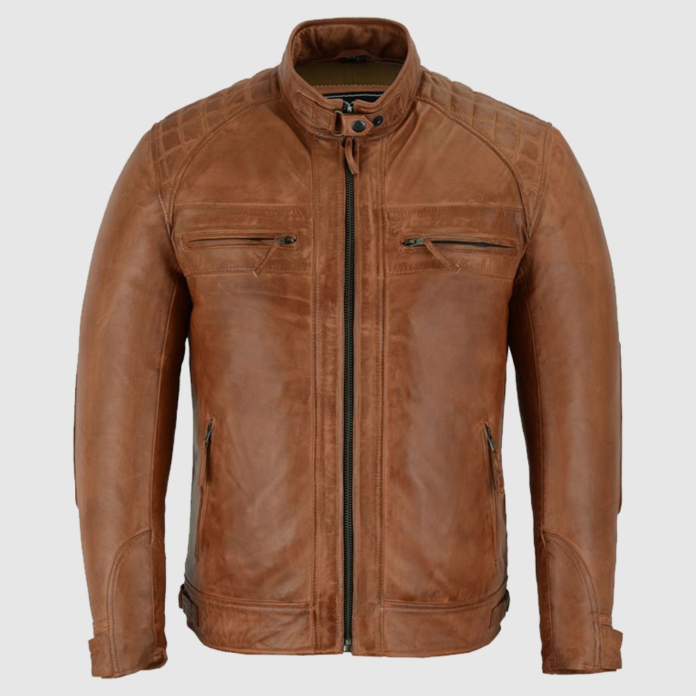 Cafe Racer Waxed Lambskin Austin Brown Motorcycle Leather Jacket