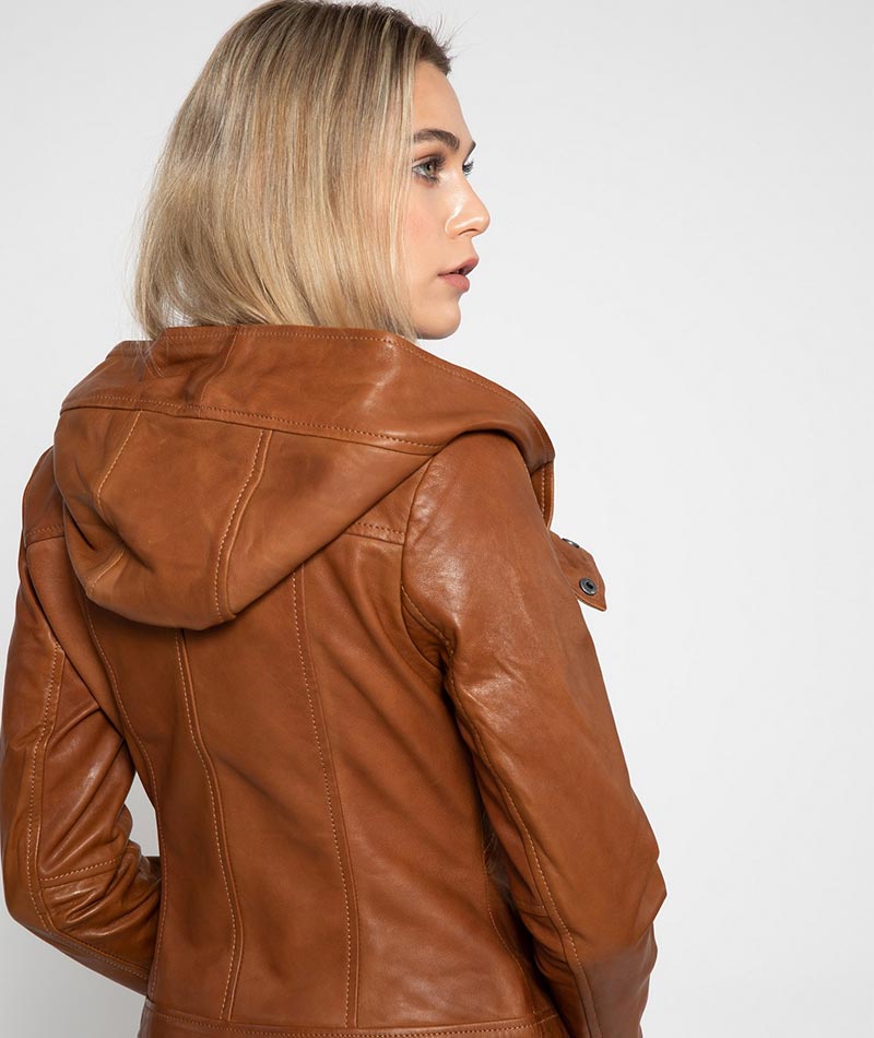 Cidra Brown Hooded Asymmetrical Zip Leather Jacket