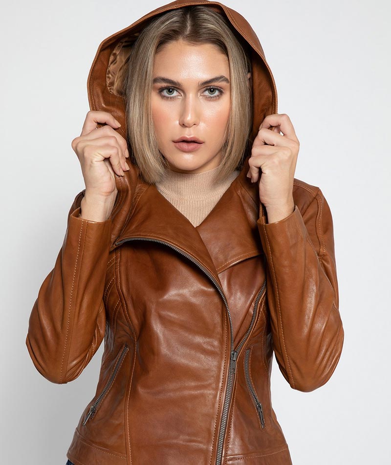 Cidra Brown Hooded Asymmetrical Zip Leather Jacket