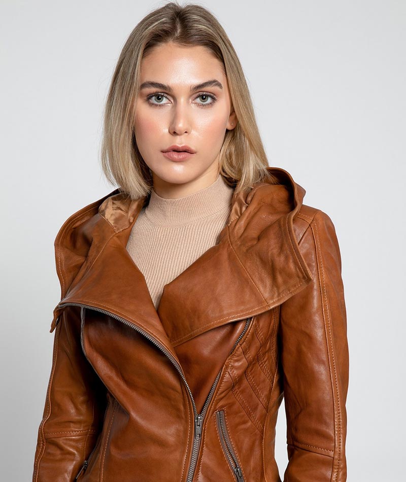 Cidra Brown Hooded Asymmetrical Zip Leather Jacket