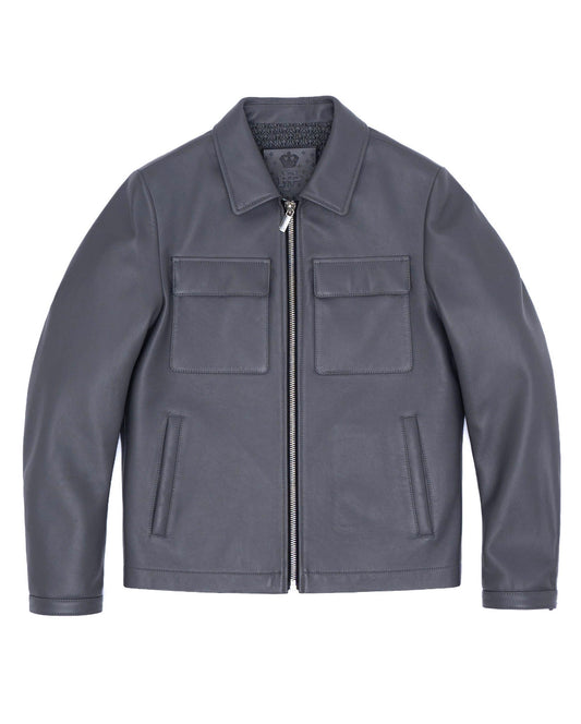 Classic Zip-up Leather Trucker Jacket Grey
