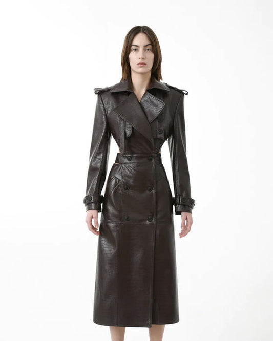 Buy Best Classic Fashion Crocodile Leather Open Back Trench Coat