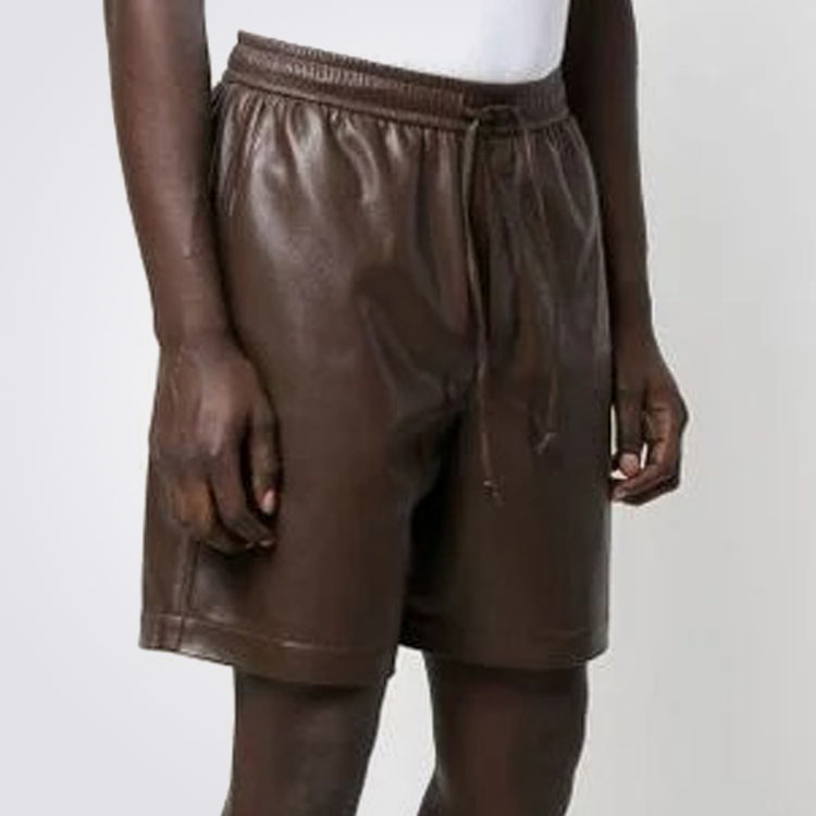 Dark Brown Leather Drawstring Shorts For Men