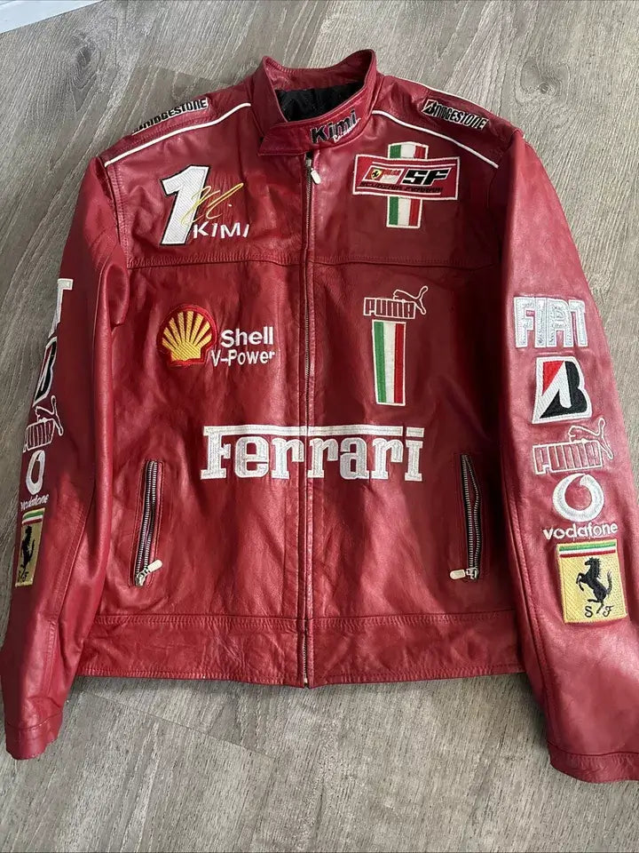 Ferrari F1 Racing Red Motorcycle Riding Gear Cowhide Leather Biker Jacket