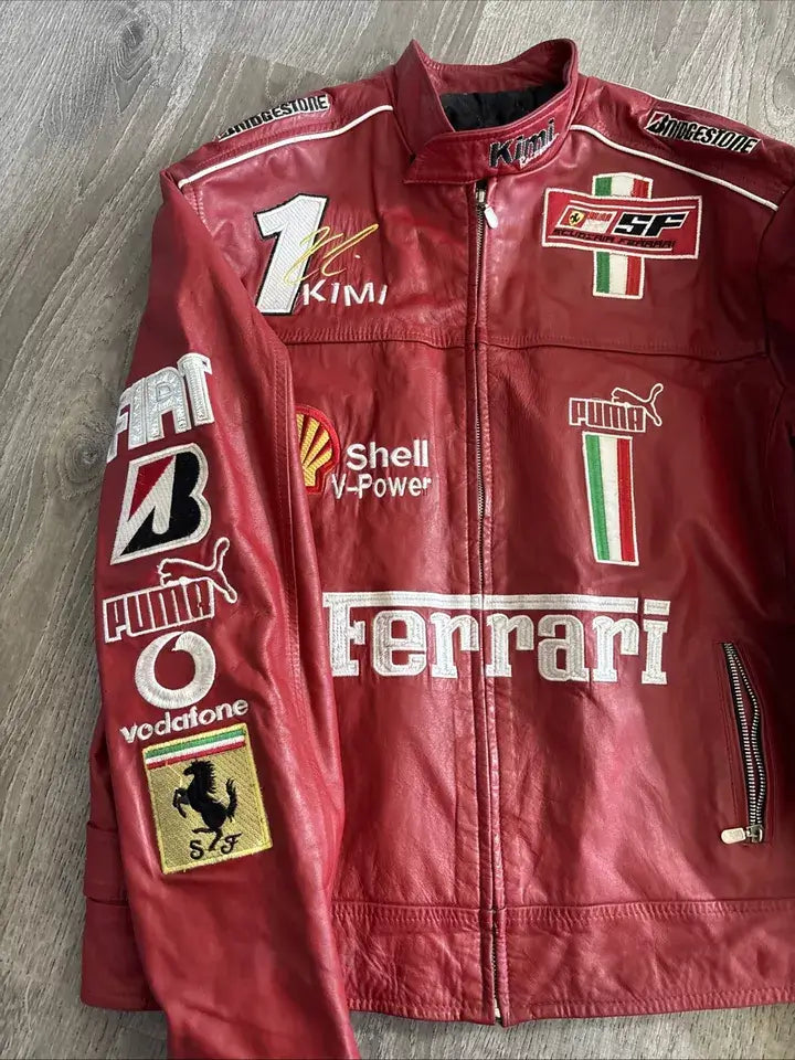 Ferrari F1 Racing Red Motorcycle Riding Gear Cowhide Leather Biker Jacket