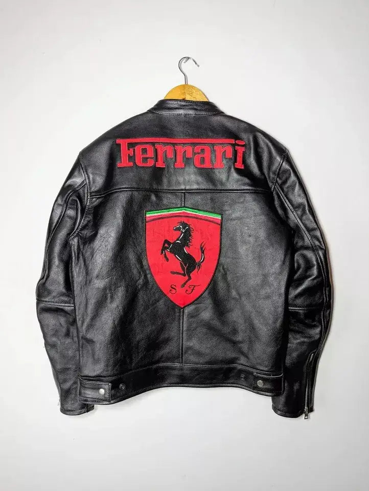 Ferrari Race Clothing Streetwear Biker Cowhide Leather Jacket