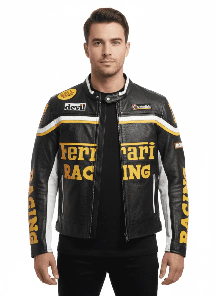 Ferrari Racing Black Motorbike Cowhide Leather Jacket
