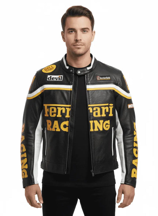 Ferrari Racing Black Motorbike Cowhide Leather Jacket