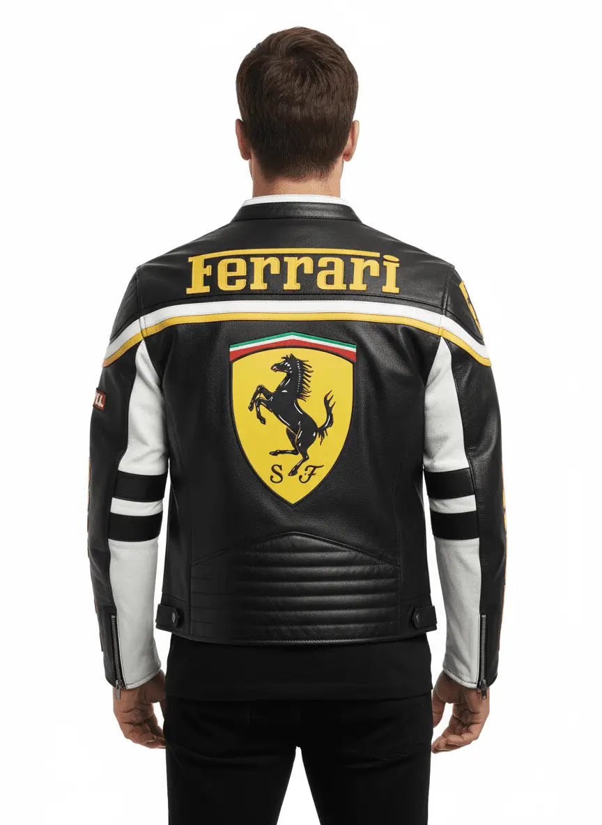 Ferrari Racing Black Motorbike Cowhide Leather Jacket