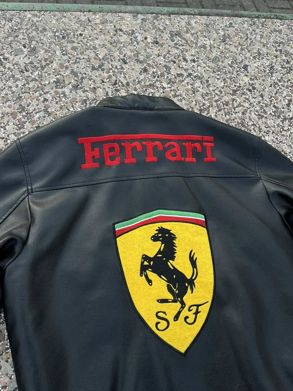 Ferrari Racing Black Motorcycle Cowhide Leather Biker Jacket